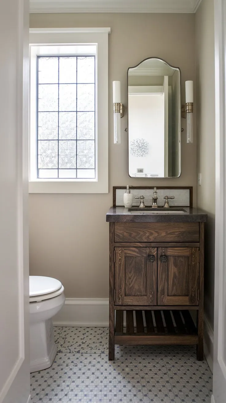 Maximize your small guest bathroom with this stunning example of a custom bathroom. The dark wood powder room vanity is the focal point of this tiny powder rooms design, complemented by patterned tiles and a charming window. Ideal small guest bathroom ideas for half baths, showcasing how a custom bathroom vanity can make a big impact in a small space.
