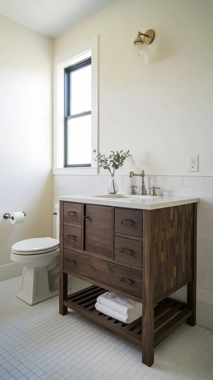 This custom bathroom vanity proves that even tiny powder rooms can be luxurious. Perfect small guest bathroom ideas for half baths with limited square footage.
