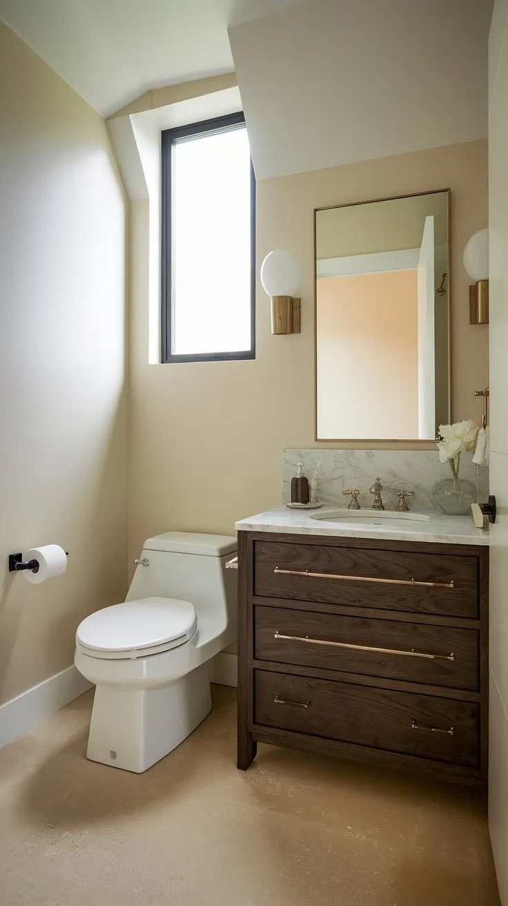 Luxury redefined: This small powder room proves that even tiny spaces can boast a custom bathroom vanity and sophisticated style. Small guest bathroom ideas don't get much better than this half bath.