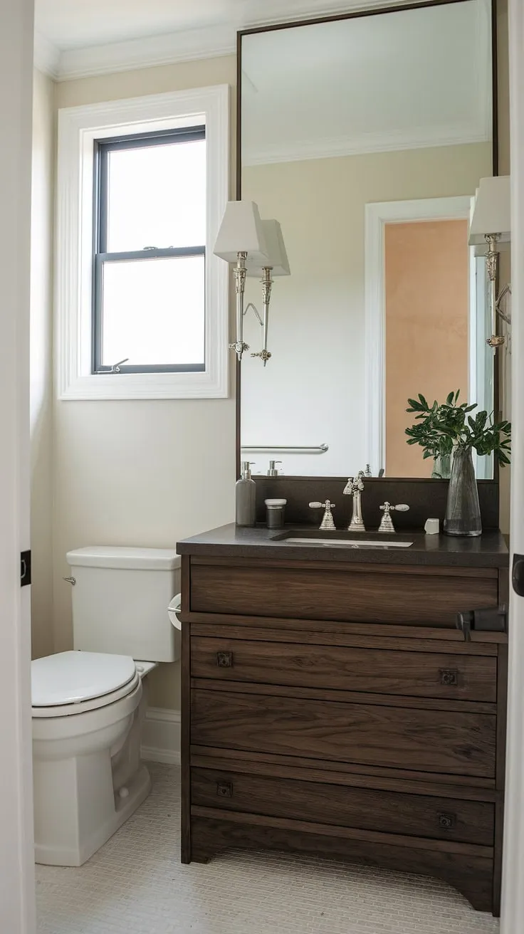 Maximize style in your small guest bathroom with this inspiring half bath design. The custom bathroom vanity is the star of this tiny powder rooms, its dark wood a striking contrast to the light walls and patterned floor tiles. This small powder room is a testament to the power of thoughtful design in even the smallest of spaces, offering clever small guest bathroom ideas. The custom bathroom features a perfect blend of functionality and elegance.