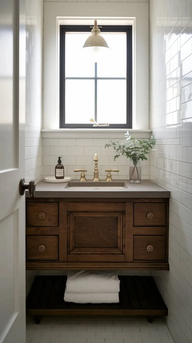 Luxury redefined: This small powder room proves that even tiny powder rooms can boast a custom bathroom vanity and sophisticated style. Small guest bathroom ideas don't get much better than this.