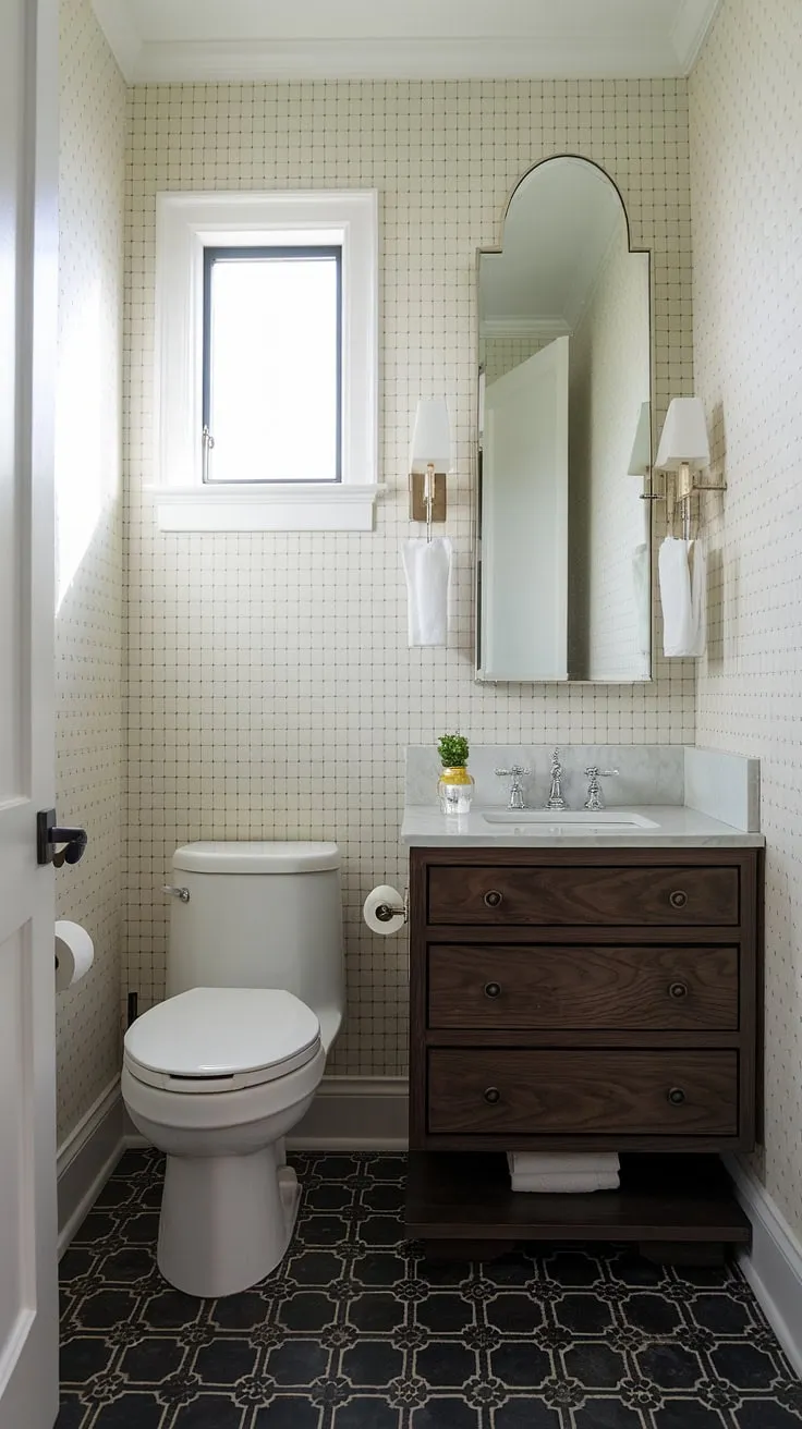 This small powder room proves that even tiny spaces can be luxurious. The custom bathroom vanity, crafted from dark wood with a crisp white countertop, anchors the room, while the wall-mounted sink maximizes space. Perfect small guest bathroom ideas for those seeking a sophisticated half bath, this design showcases how a custom bathroom can transform a small guest bathroom into a stylish retreat.