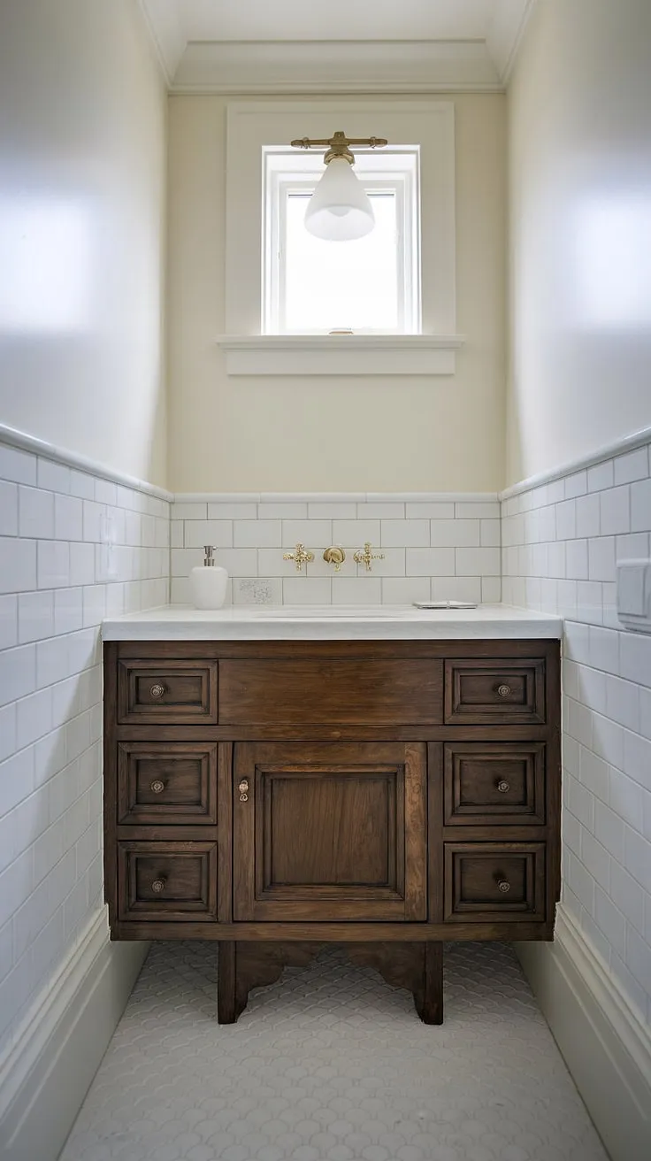 This custom bathroom vanity transforms this small guest bathroom into a sophisticated retreat. Clever design solutions for small powder rooms and half baths.