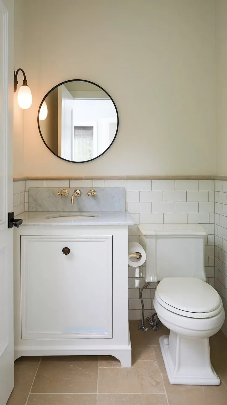 This custom bathroom vanity is the star of this small guest bathroom. See how we maximized style in this small powder room, offering inspiration for tiny powder rooms and small guest bathroom ideas. A perfect example of custom bathroom design in a half bath.