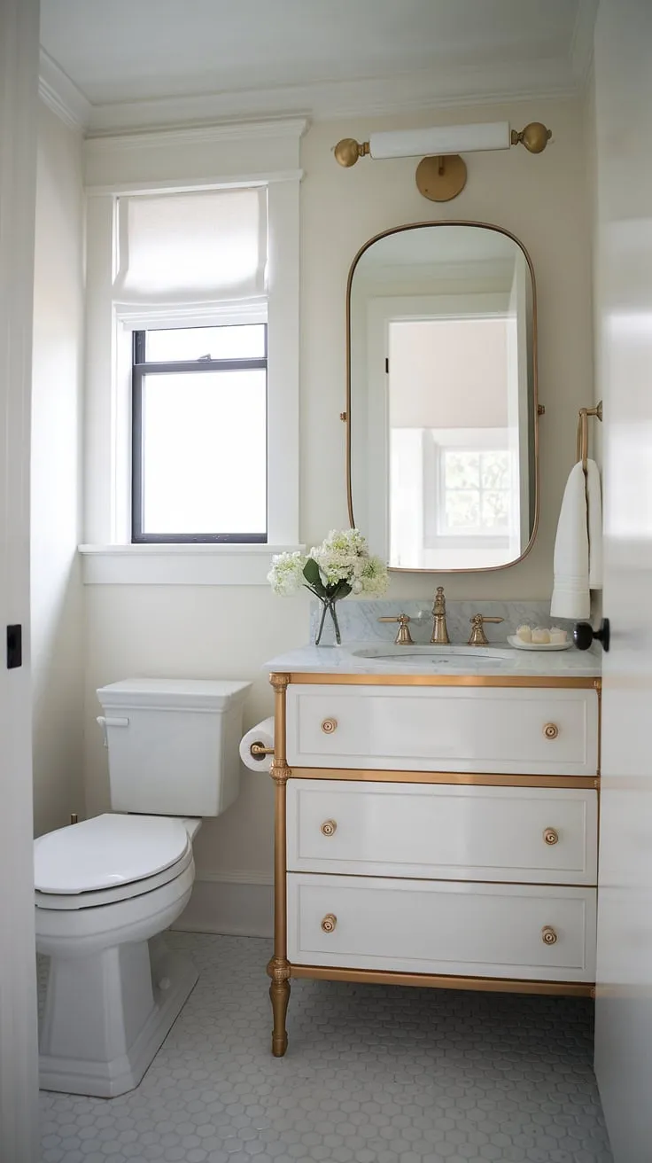 Maximize style in your small guest bathroom with this stunning example of a tiny powder room. The custom bathroom vanity, a showstopper in white and gold, elevates this half bath. Clever design solutions for small powder room ideas and powder room vanity inspiration. This custom bathroom proves that even the smallest spaces can be elegant.