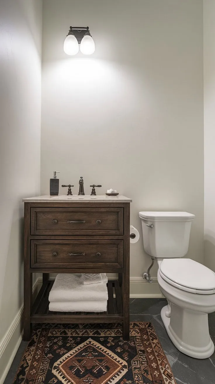 This small powder room proves that even tiny spaces can boast big style. The custom bathroom vanity, crafted from dark wood, adds a touch of elegance, while the patterned rug and simple white fixtures keep the small guest bathroom feeling airy and bright. Perfect small guest bathroom ideas for maximizing space in half baths or tiny powder rooms. The powder room vanity is the star of this custom bathroom design.