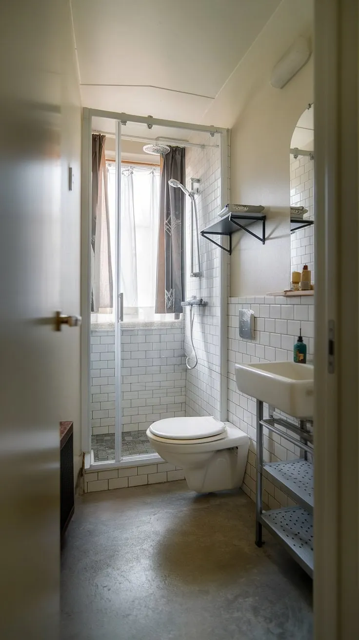 Maximize space and style in this small shower room. Clever bathroom redesign and small bathroom storage solutions create a surprisingly spacious feel in this narrow bathroom. Bathroom design decor inspiration at its finest.