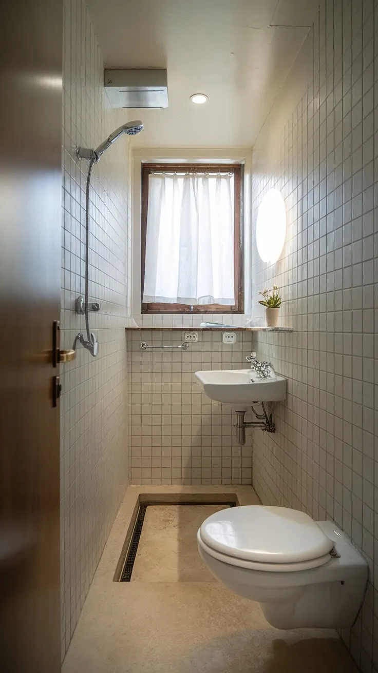 This small shower room proves that even a narrow bathroom can be stylish and functional. Clever bathroom design decor maximizes space, with thoughtful small bathroom storage solutions like the shelf above the sink. This bathroom redesign is a perfect example of bathroom inspiration decor for those working with limited square footage.