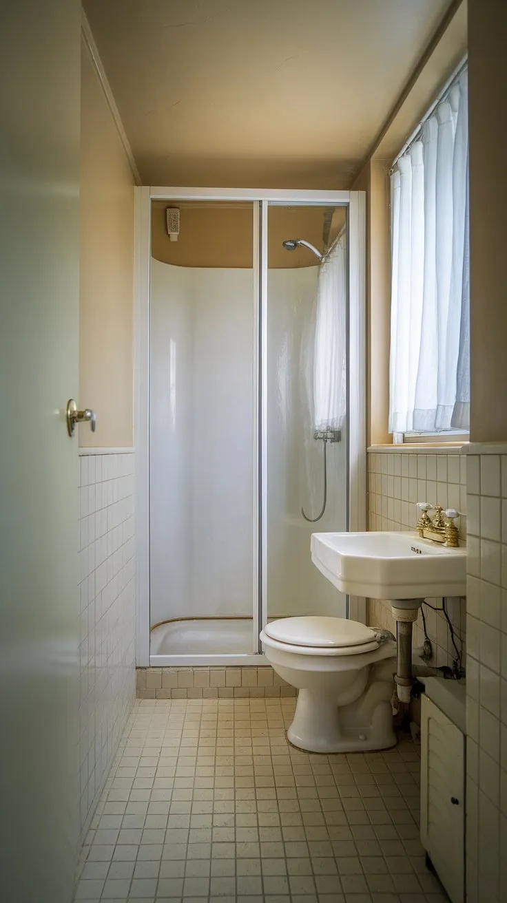 This small shower room showcases clever bathroom redesign ideas, maximizing space in a narrow bathroom. The white fixtures and beige tiles create a bright and airy feel, while the small bathroom storage cabinet adds practicality to this efficient bathroom design decor. This small bathroom interior offers plenty of bathroom inspiration decor for those seeking stylish solutions in compact spaces.