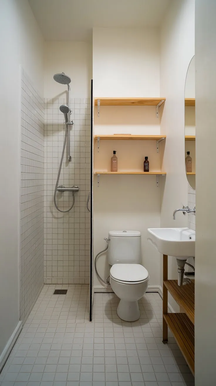Maximize space and style in this narrow bathroom. Clever small bathroom storage solutions and a minimalist bathroom design decor create a surprisingly spacious small shower room. This bathroom redesign proves that even small bathroom interiors can be chic and functional.