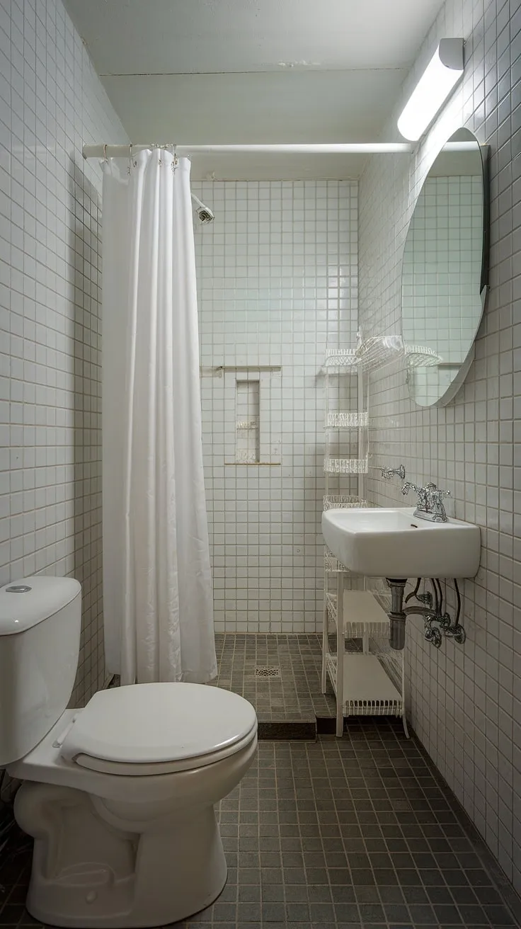This small shower room, a testament to clever bathroom redesign, maximizes space in a narrow bathroom. White fixtures and minimalist design create an airy feel, while small bathroom storage shelves near the shower cleverly address organization needs. The dark grey floor tiles add a touch of sophistication to this inspiring bathroom design decor. This small bathroom interior offers plenty of bathroom inspiration decor for those seeking efficient and stylish solutions.