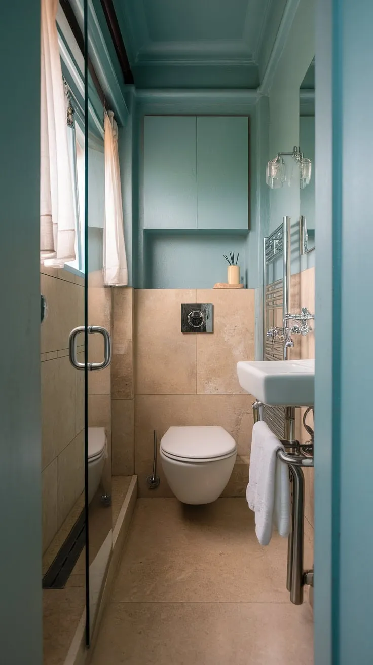 This small shower room showcases clever bathroom redesign ideas, maximizing space in a narrow bathroom. The light blue walls and beige tiles create a calming atmosphere, while the small bathroom storage solutions, like the shelf above the toilet, demonstrate efficient use of every inch. This small bathroom interior offers plenty of bathroom inspiration decor for those seeking stylish solutions in compact spaces.