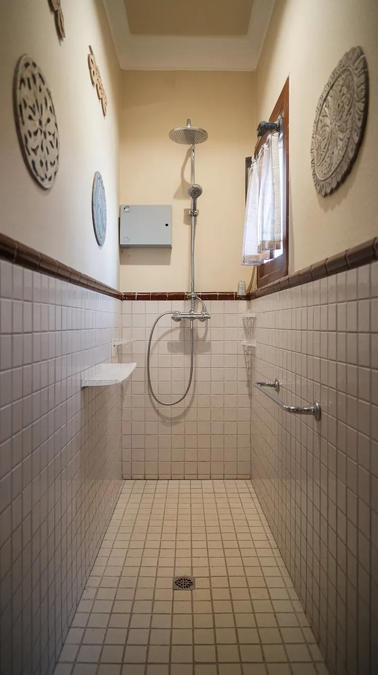 Maximize space and style in this narrow bathroom; clever bathroom redesign and small bathroom storage solutions make this small shower room feel surprisingly spacious. Bathroom design decor inspiration at its finest.