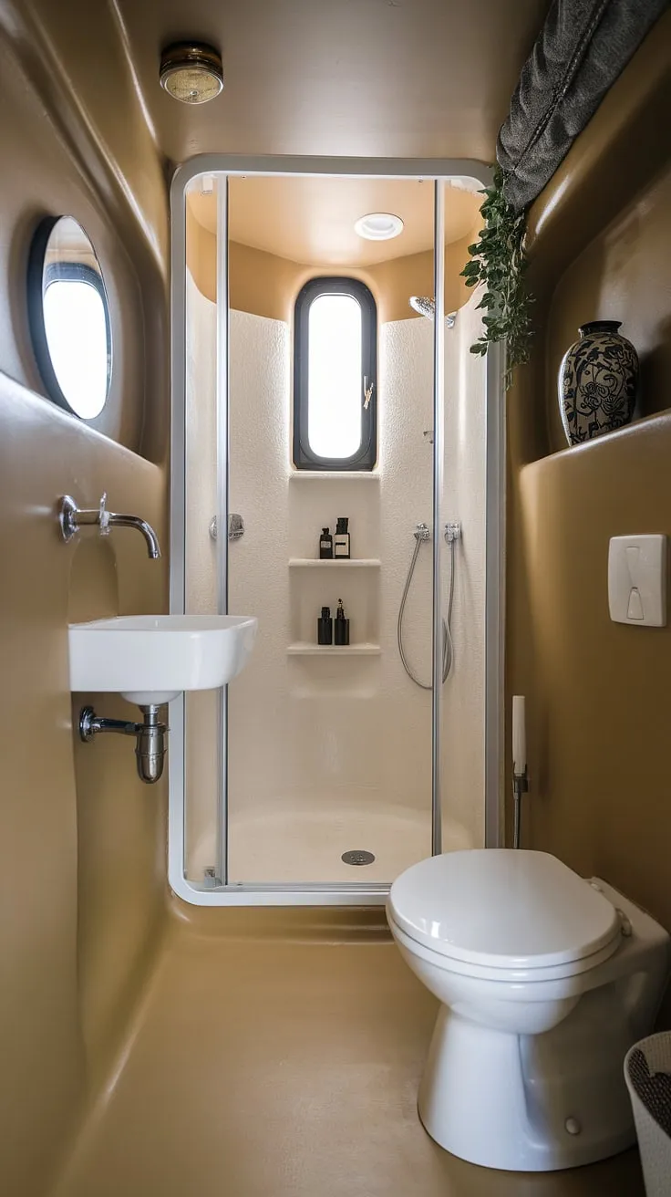 A stunning example of small bathroom interior design! This narrow bathroom's clever layout and white color palette create an illusion of spaciousness. The small bathroom storage solutions are seamlessly integrated, and the addition of a few carefully chosen decor items elevates the space. This bathroom redesign is a perfect example of how to achieve both style and functionality in a small shower room, offering plenty of bathroom inspiration decor for those with limited space.