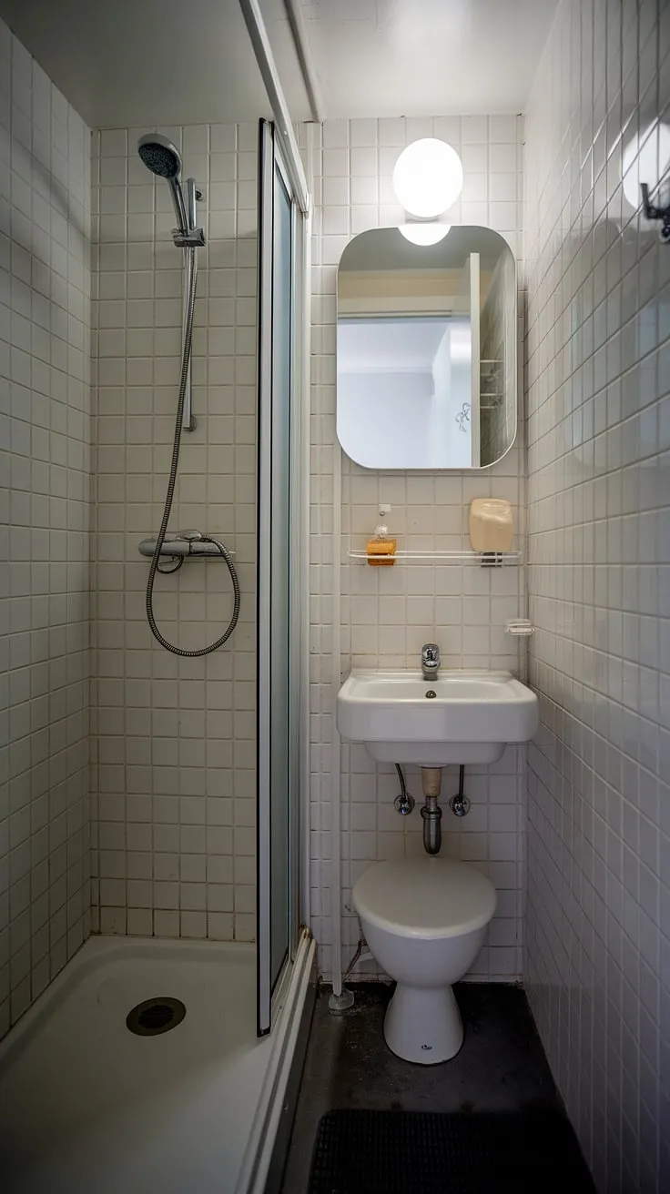 A stunning example of bathroom inspiration decor in a small bathroom interior. This narrow bathroom's clever design incorporates smart small bathroom storage and maximizes every inch. The small shower room is a testament to how effective bathroom redesign can be, even in limited spaces. The result is a clean, modern, and functional bathroom design decor.