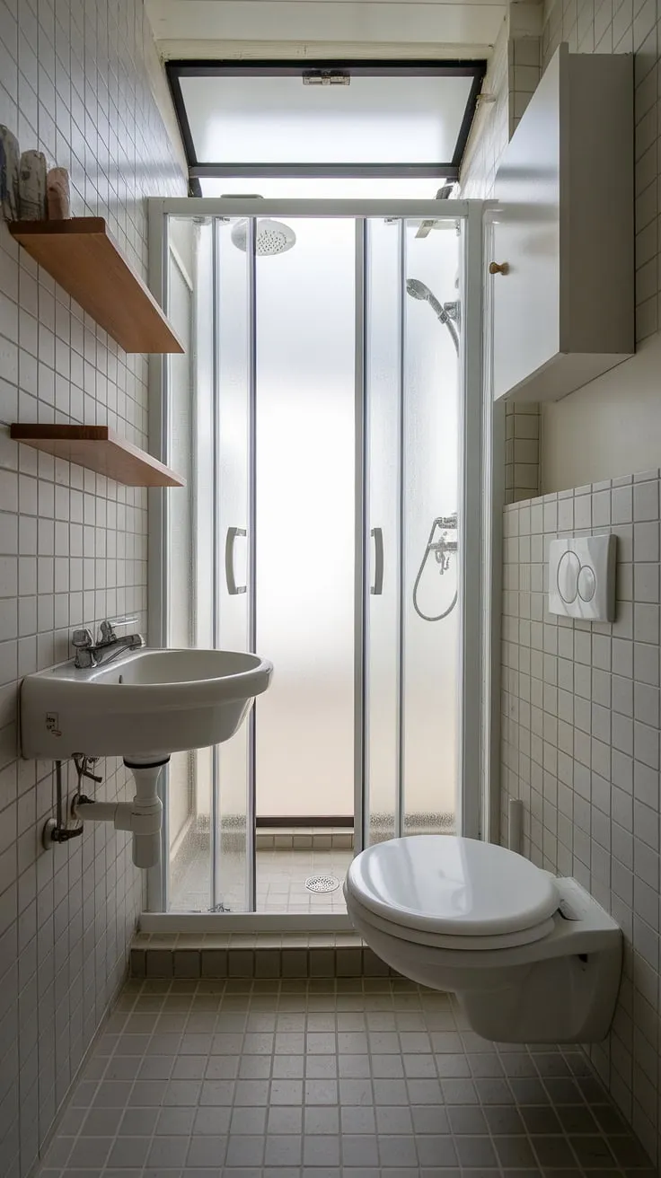 A stunning example of bathroom inspiration decor, this small bathroom interior demonstrates how to create a functional and stylish space in a narrow bathroom. The small shower room features thoughtful small bathroom storage solutions, including a white cabinet and floating shelf, all contributing to a successful bathroom redesign. The beige and gray tiled floor complements the clean, white fixtures.