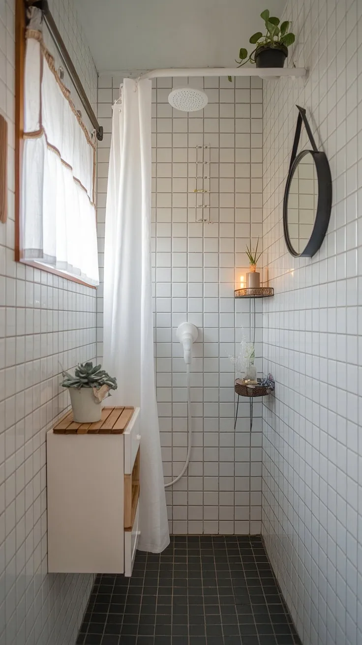 A stunning example of bathroom redesign in a narrow bathroom, this small shower room proves that even limited space can be stylish and functional. The white-on-white palette enhances the feeling of spaciousness, and the small bathroom storage solutions, including a charming wooden shelf, are both practical and aesthetically pleasing. Simple bathroom design decor, such as the plants and mirror, contribute to the overall calming atmosphere, offering plenty of bathroom inspiration decor for small spaces.