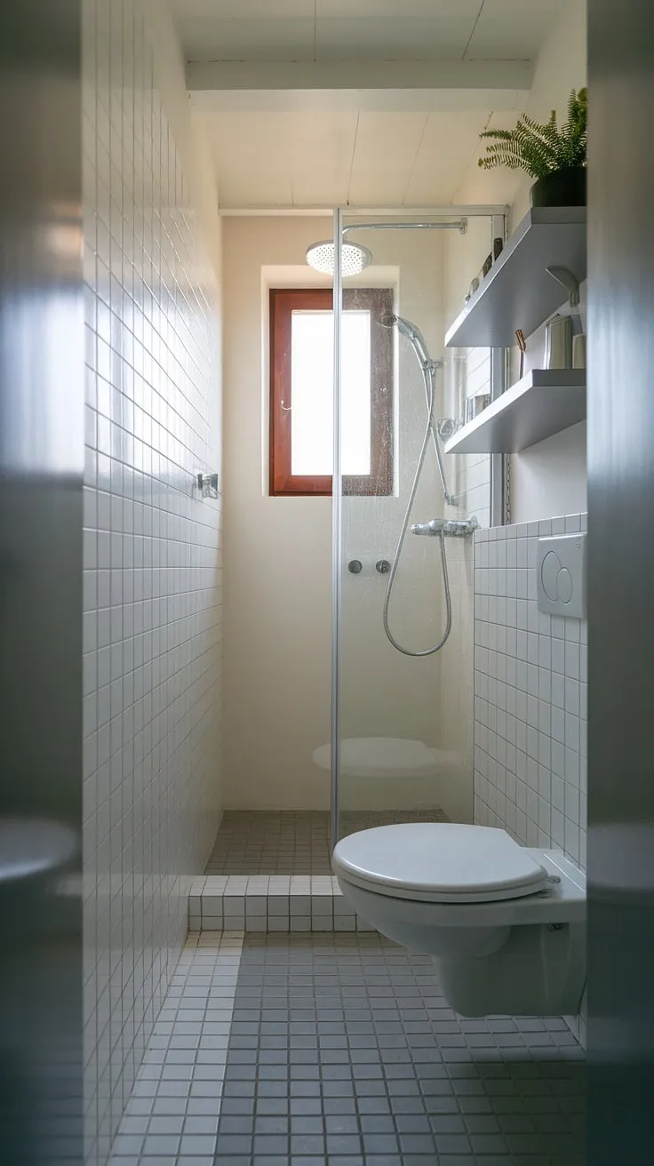 A stunning example of bathroom redesign in a small bathroom interior. This narrow bathroom utilizes every inch with a compact shower area and thoughtful small bathroom storage solutions. The clean lines and white tile flooring contribute to the overall modern aesthetic, making it a perfect source of bathroom inspiration decor for those with limited space.