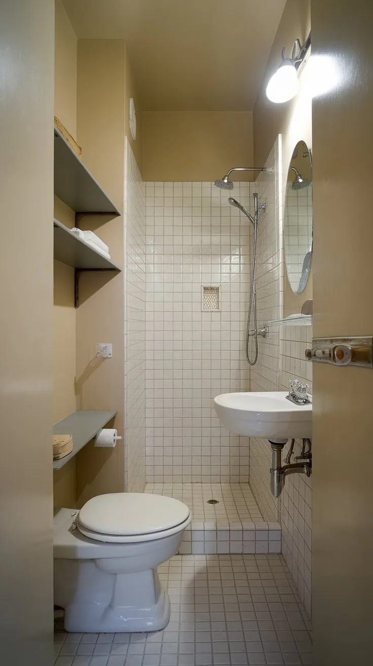 Maximize space and style in this small shower room. Clever bathroom redesign ideas prove that even a narrow bathroom can be a haven of calm with thoughtful small bathroom storage and bathroom design decor. This small bathroom interior offers bathroom inspiration decor for compact living.