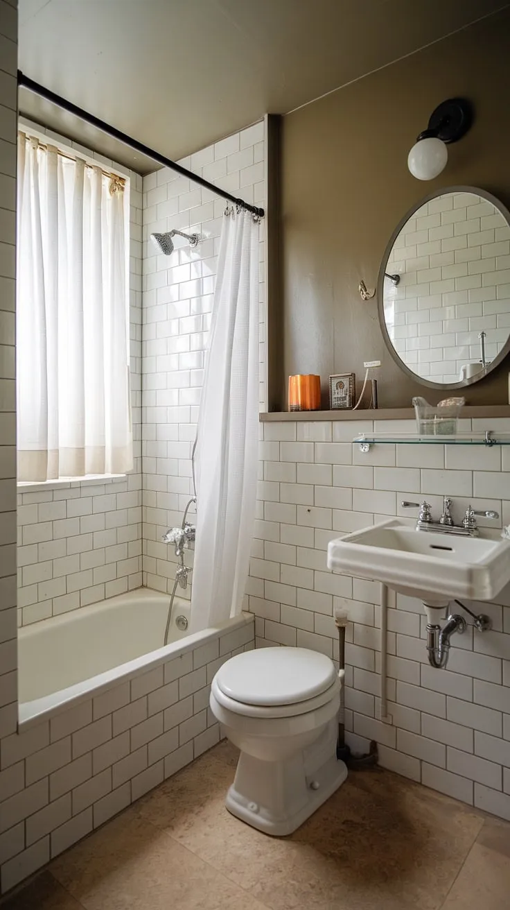 This small shower room showcases clever bathroom redesign ideas, maximizing space in a narrow bathroom. White tiles and a simple color palette create a bright and airy feel, while thoughtful small bathroom storage solutions, like the shelf above the toilet, keep everything organized. This small bathroom interior offers plenty of bathroom inspiration decor for those seeking efficient and stylish bathroom design decor.