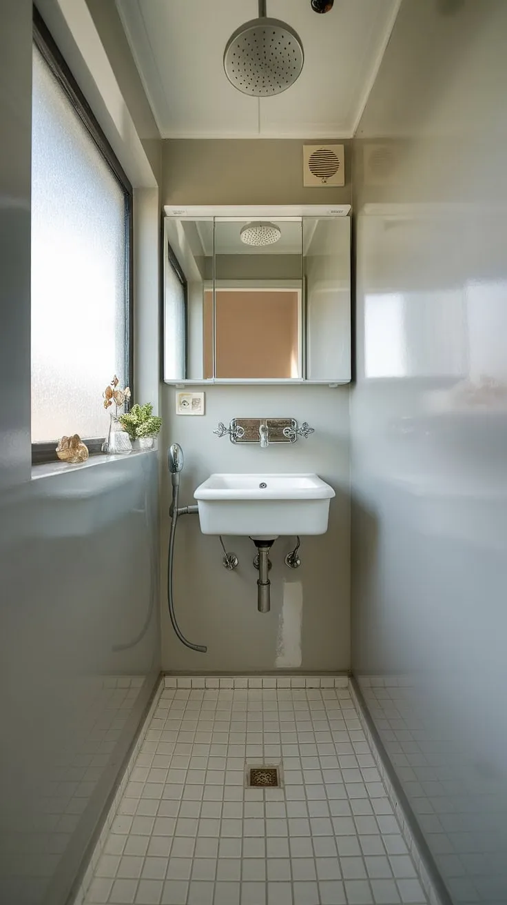 This narrow bathroom proves that even a small shower room can be a sanctuary. Bathroom inspiration decor shines through in this thoughtful bathroom redesign, showcasing smart small bathroom storage and elegant design.