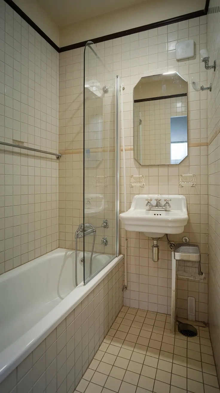 Transforming a small bathroom into a haven of calm is achievable! This small bathroom interior showcases a successful bathroom redesign, cleverly utilizing space in this narrow bathroom. The combination of a white bathtub, glass shower door, and small bathroom storage cabinet creates a surprisingly spacious feel. This bathroom design decor is perfect bathroom inspiration decor for those seeking efficient and elegant solutions for small shower rooms.