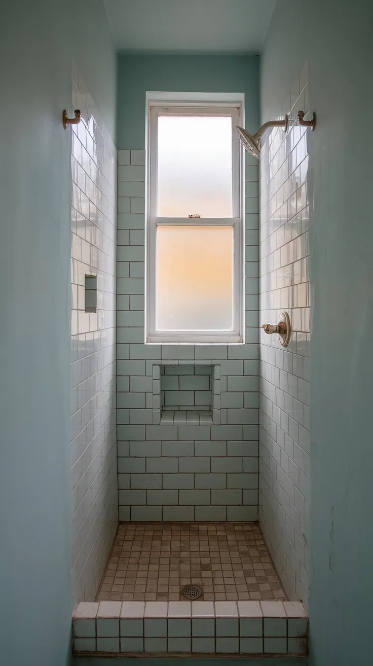 Transforming a narrow bathroom into a charming small shower room with clever small bathroom storage solutions. This bathroom redesign boasts vintage bathroom design decor and offers plenty of bathroom inspiration decor.