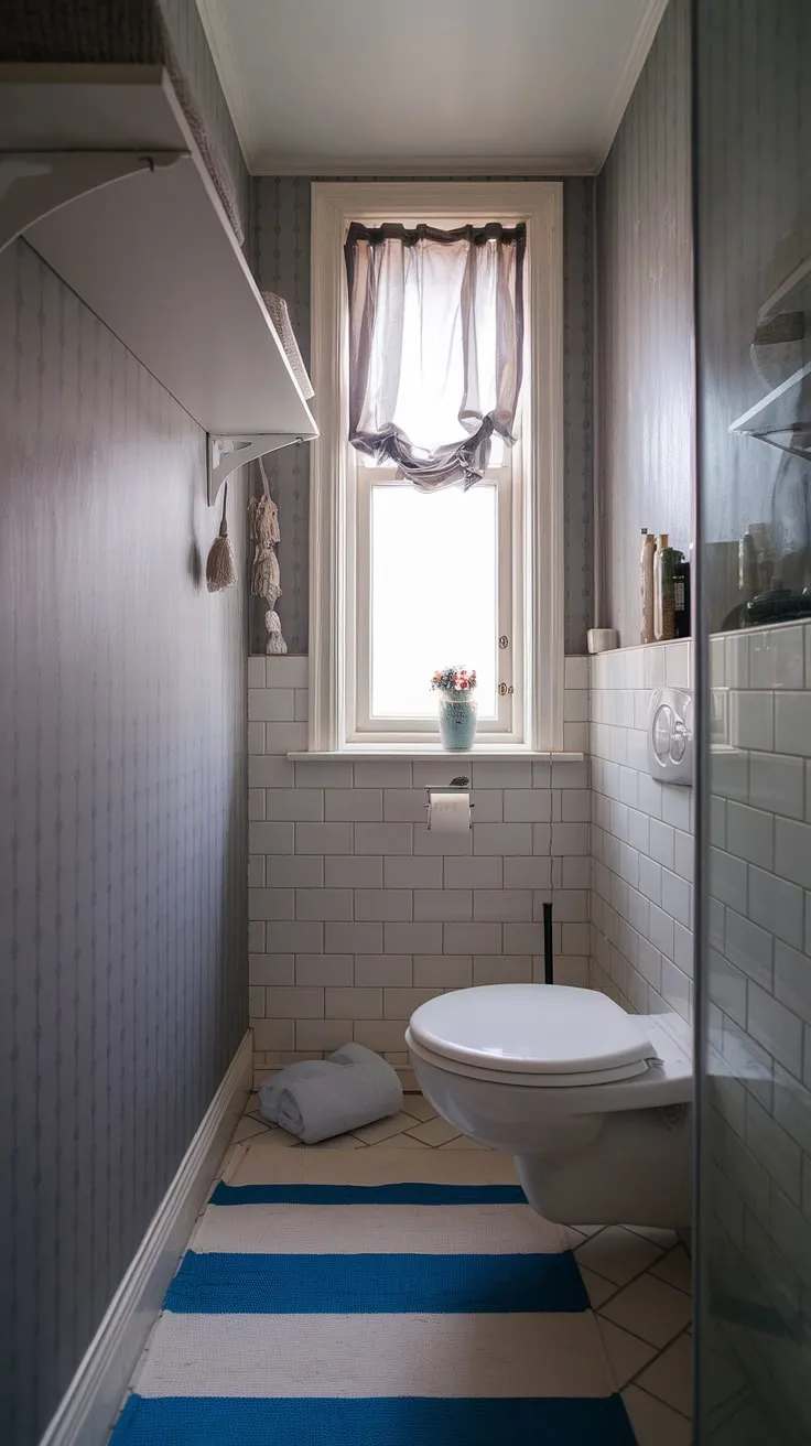 Maximize space and style in this charming small shower room. Clever bathroom redesign and small bathroom storage solutions create a surprisingly spacious feel, perfect for bathroom inspiration decor.