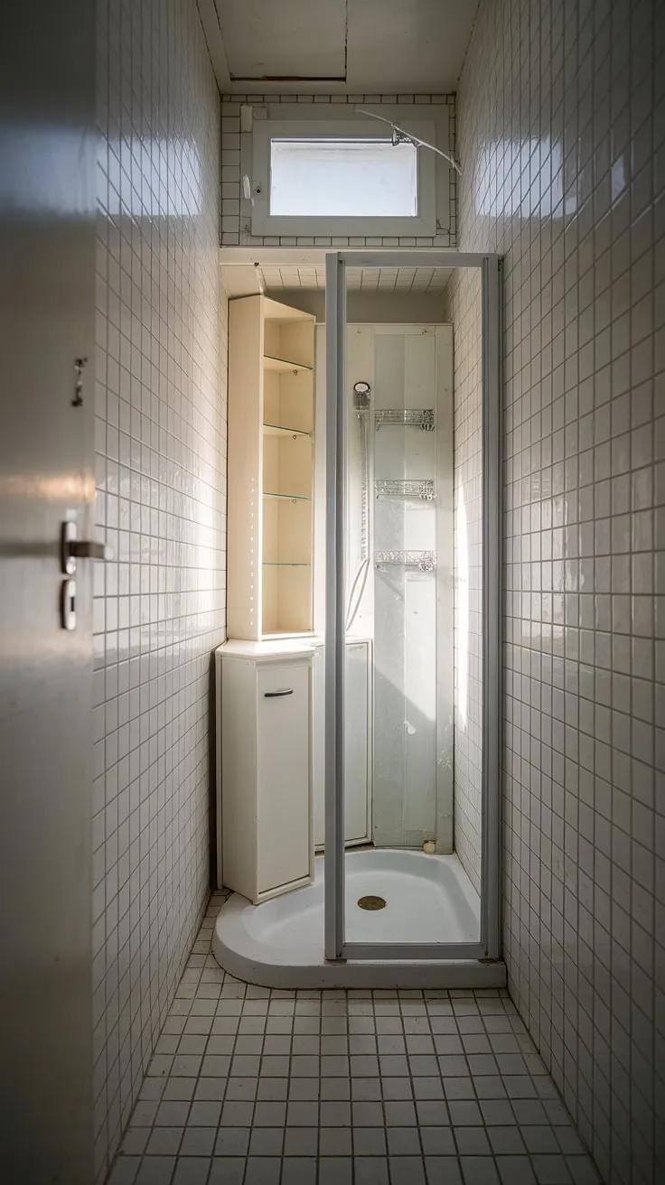 This small shower room showcases clever bathroom redesign ideas, maximizing space in a narrow bathroom. The white tile and glass shower door create an airy feel, while the small white cabinet provides practical small bathroom storage. Note the thoughtful bathroom design decor, including the window placement for natural light. This small bathroom interior offers plenty of bathroom inspiration decor for those with limited space.