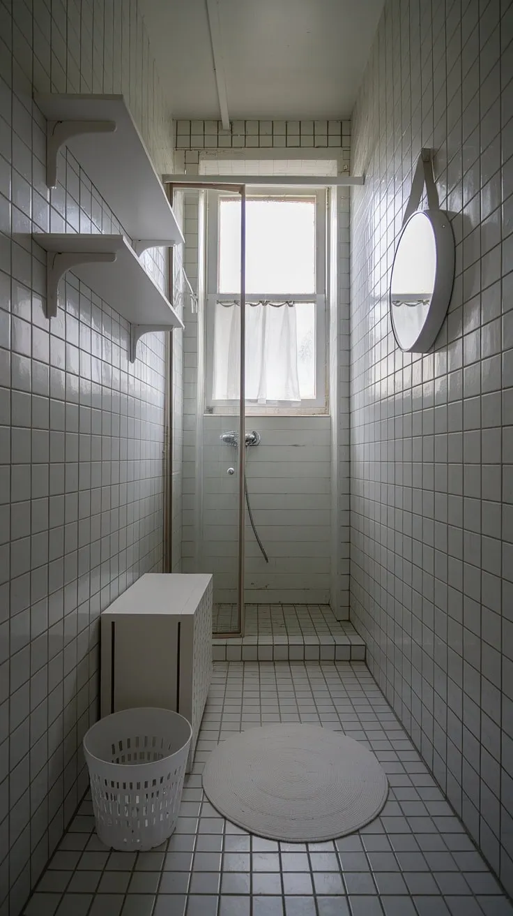 A stunning example of small bathroom interior design, this narrow bathroom proves that even the smallest spaces can be stylish and functional. The white color palette, combined with thoughtful small bathroom storage solutions like the floating shelves and cabinet, creates a sense of spaciousness. This bathroom redesign is a testament to the power of clever planning and minimalist bathroom design decor, offering plenty of bathroom inspiration decor for compact spaces.