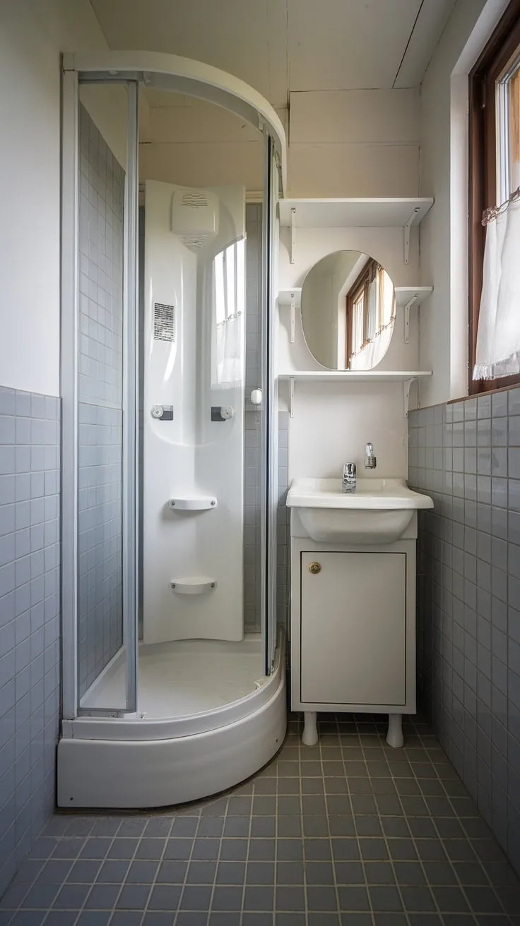 Maximize space and style in this small shower room. Clever bathroom redesign and small bathroom storage solutions create a surprisingly spacious small bathroom interior. Bathroom design decor inspiration at its finest.