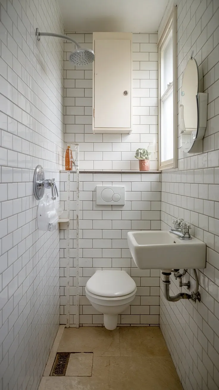 This small shower room showcases clever bathroom redesign ideas, maximizing space in a narrow bathroom. White tiles and a small bathroom storage cabinet above the toilet contribute to a bright and airy feel, offering bathroom inspiration decor for even the smallest spaces. The beige tile floor complements the overall small bathroom interior design.