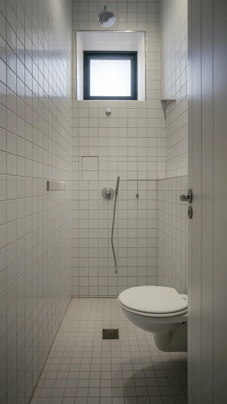 This small shower room showcases clever bathroom design decor in a narrow bathroom. The white tile and built-in storage maximize space, offering practical small bathroom storage solutions within this small bathroom interior. A perfect example of bathroom redesign for maximizing functionality in a compact space, providing bathroom inspiration decor for even the smallest bathrooms.