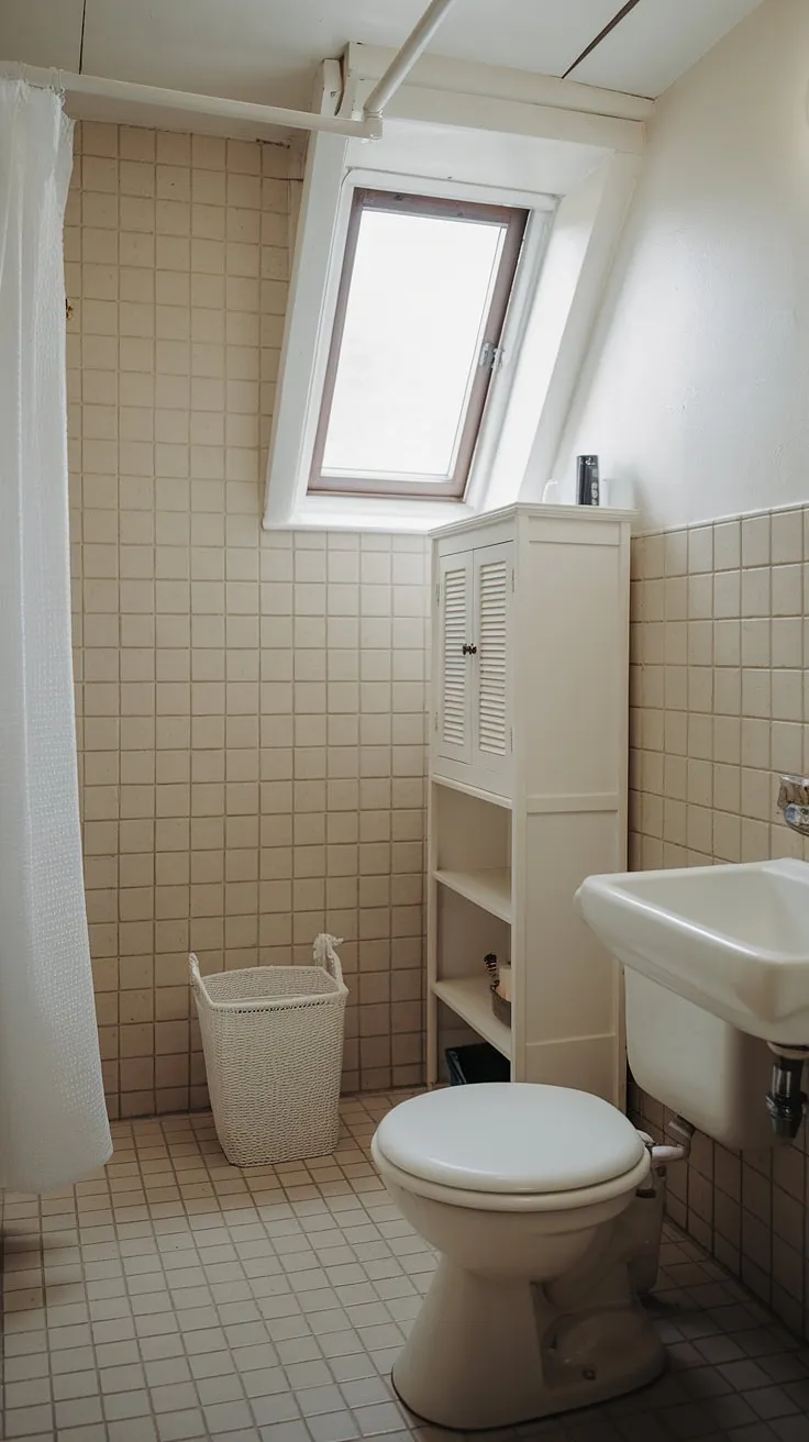 This narrow bathroom proves that even the smallest spaces can be stylish. The bathroom redesign showcases smart small bathroom storage solutions within a white cabinet, complementing the beige tiles and white fixtures. The small bathroom interior feels surprisingly spacious thanks to the light and airy bathroom design decor, making it a perfect example of bathroom inspiration decor for small shower rooms.