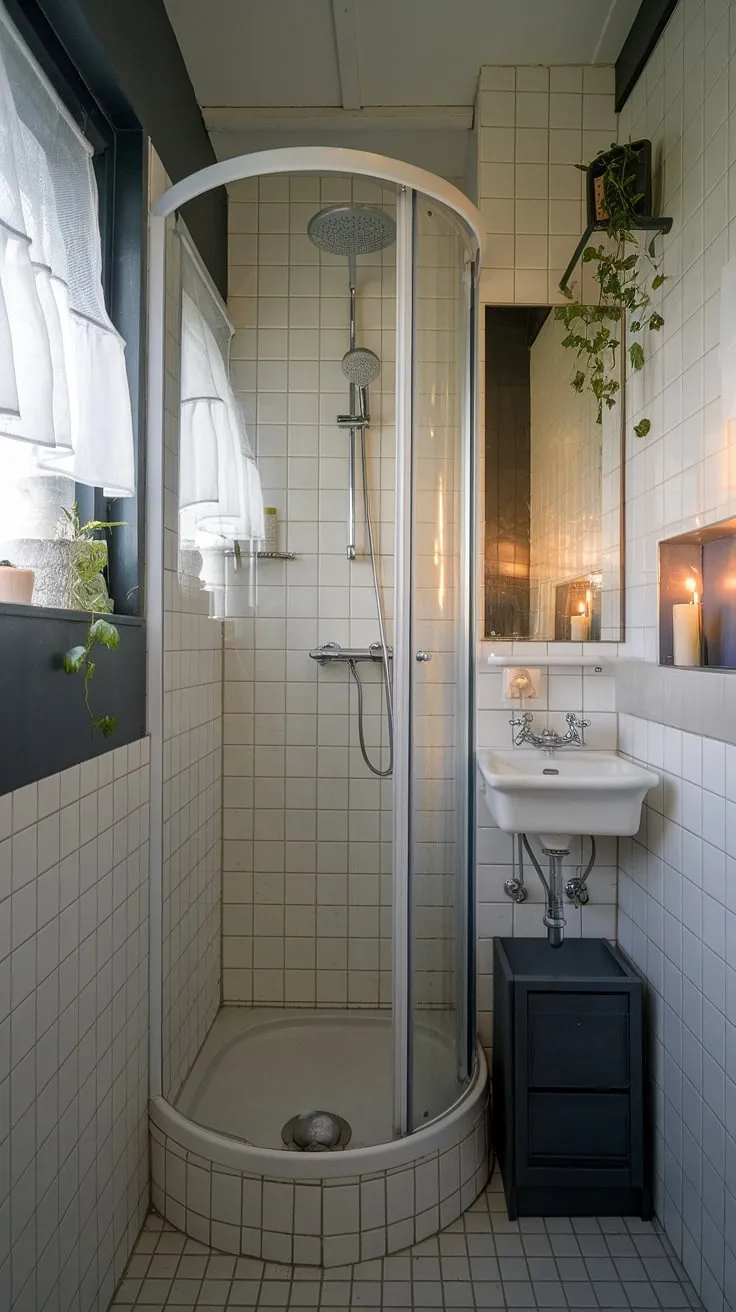 This narrow bathroom proves that even small shower rooms can be luxurious. Smart bathroom design decor and thoughtful small bathroom storage make this bathroom redesign a dream, offering plenty of bathroom inspiration decor.