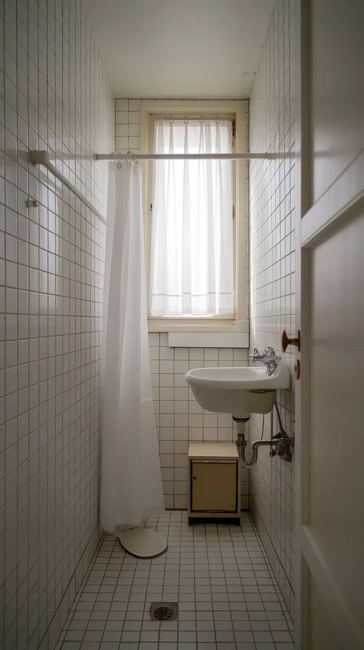 This small shower room proves that even a narrow bathroom can be stylish and functional. Clever bathroom design decor, including a small bathroom storage cabinet, maximizes space. This bathroom redesign is a perfect example of bathroom inspiration decor for those with limited square footage.