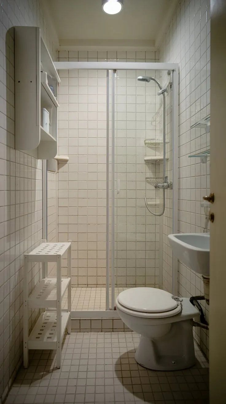 This small shower room showcases clever bathroom redesign ideas, maximizing space in a narrow bathroom. White tiles create a bright and airy feel, while thoughtful small bathroom storage solutions, like the white cabinet and shelf unit, keep everything organized. This small bathroom interior offers plenty of bathroom inspiration decor for those seeking efficient and stylish bathroom design decor.