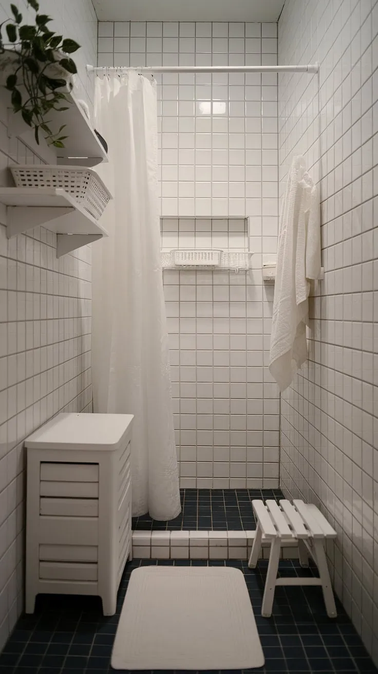 This small shower room showcases clever bathroom redesign ideas for a narrow bathroom. The white-on-white palette maximizes space, while thoughtful small bathroom storage solutions, like the shelf and cabinet, keep everything organized. The overall effect is a calming and surprisingly spacious small bathroom interior, perfect for bathroom inspiration decor.