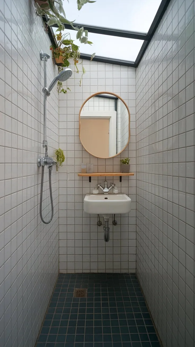 This small shower room proves that even a narrow bathroom can be a haven of calm. Clever bathroom redesign maximizes space with a thoughtful layout, showcasing small bathroom storage solutions like the wooden shelf above the sink. The skylight floods the small bathroom interior with natural light, complementing the clean white tiles and pops of greenery. This bathroom design decor offers plenty of bathroom inspiration decor for those looking to revamp their own compact space.