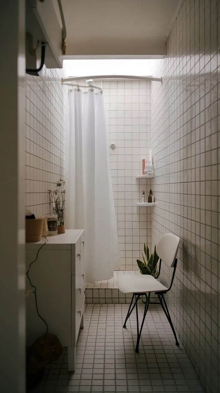 This narrow bathroom proves that even a small shower room can be a haven of calm. Bathroom design decor ideas for small bathroom storage are showcased in this stunning bathroom redesign.