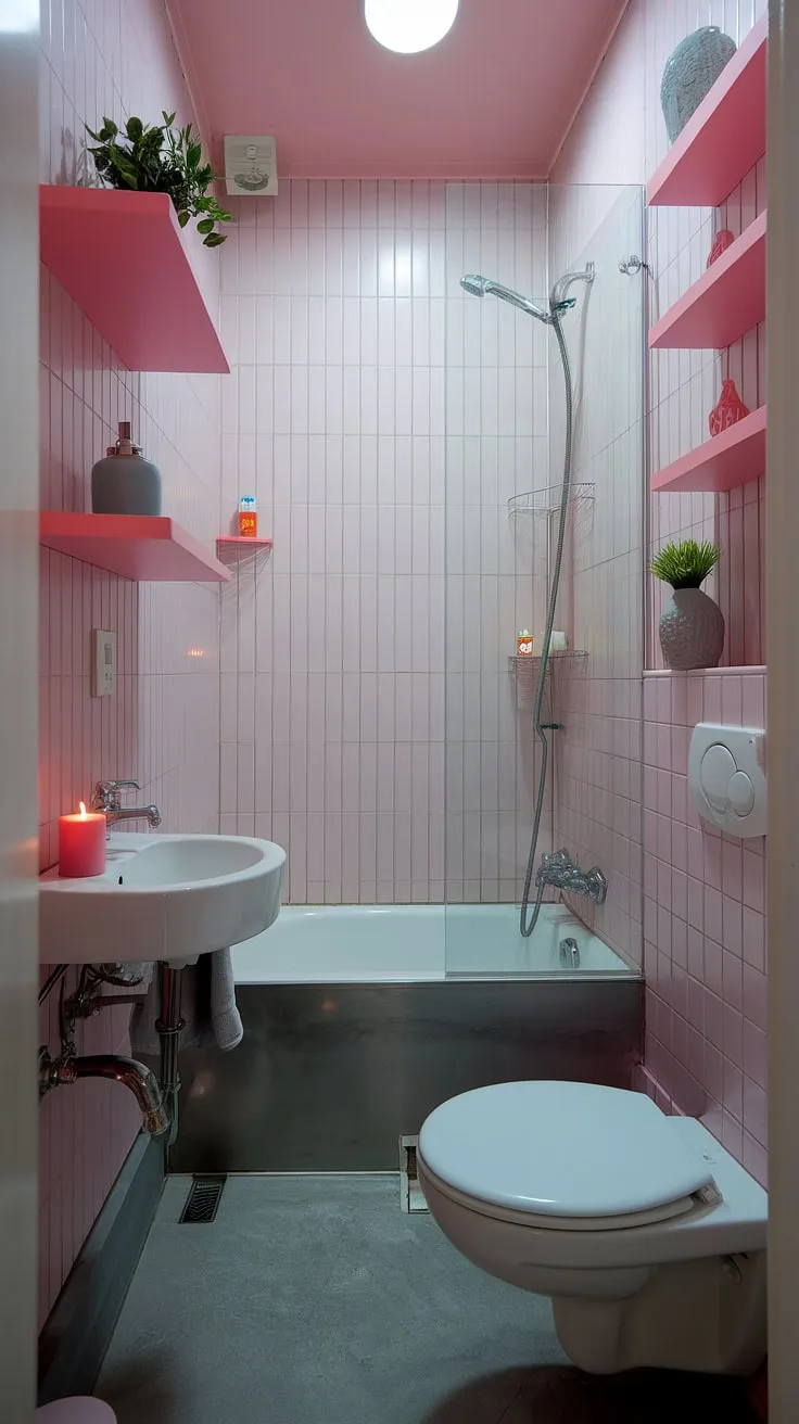 This small shower room proves that even a narrow bathroom can be stylish and functional. Clever bathroom redesign maximizes space with pink and grey accents, showcasing smart small bathroom storage solutions on the shelves. The thoughtful bathroom design decor, including a subtle plant and candle, creates a relaxing atmosphere. This small bathroom interior offers plenty of bathroom inspiration decor for those looking to revamp their own compact space.