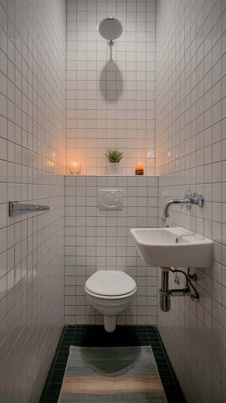 This small shower room proves that even a narrow bathroom can be stylish and functional. Clever small bathroom storage solutions, like the slim shelf above the toilet, maximize space. The white tile and chrome accents create a clean, bright aesthetic, perfect for bathroom redesign inspiration. This bathroom design decor showcases how thoughtful planning can transform a small bathroom interior into a relaxing oasis.