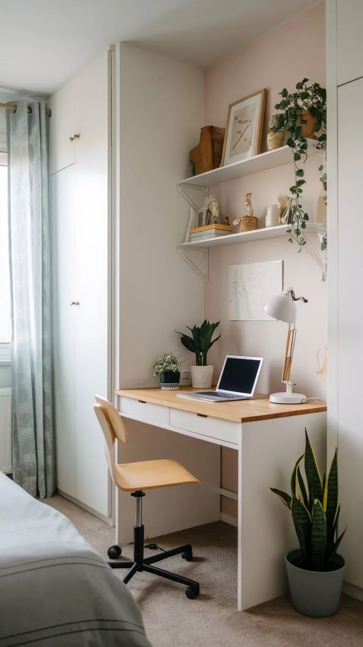 A cozy bedroom corner transforms into a functional home office with a white desk, natural light, and personal touches.