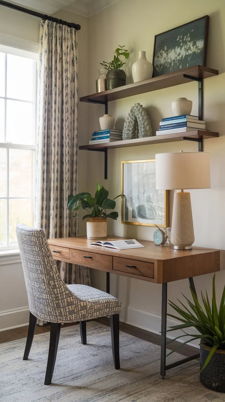 A cozy corner desk, adorned with plants and books, transforms a small space into a functional and stylish home office.