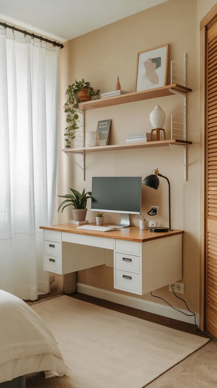 A cozy beige bedroom corner transforms into a functional home office with a white desk, wooden shelf, and calming decor.