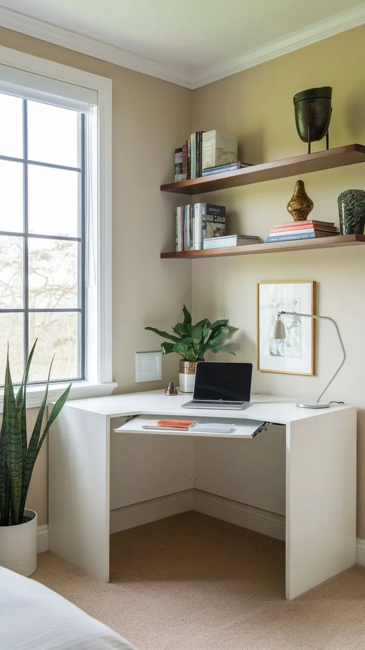 A bright and functional small home office is achieved in a bedroom using a space-saving corner desk, natural light, and minimalist decor.