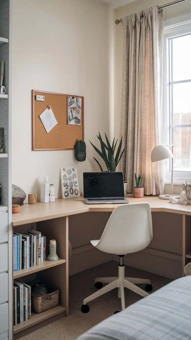 Maximize small space with a stylish and efficient bedroom home office featuring a compact desk setup and clever storage solutions.