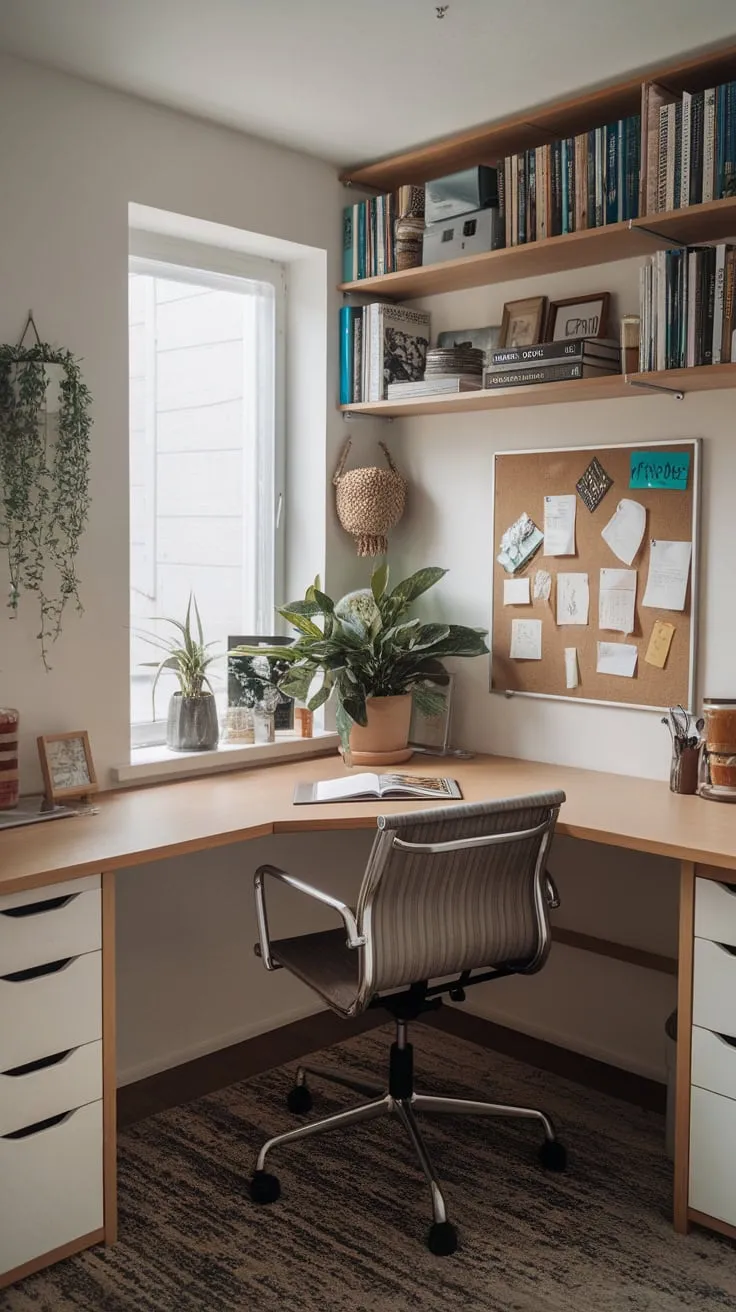 Maximize a small space with a cozy and organized corner home office featuring a window-lit desk, bookshelf, and inspiring décor.
