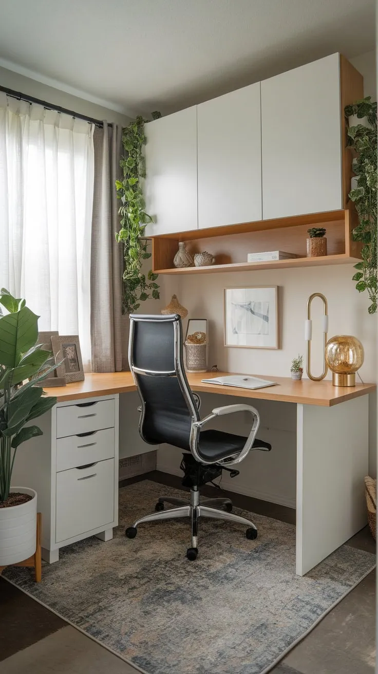 A cozy and efficient home office is achieved in a small space using an L-shaped desk, strategic storage, and personal décor.