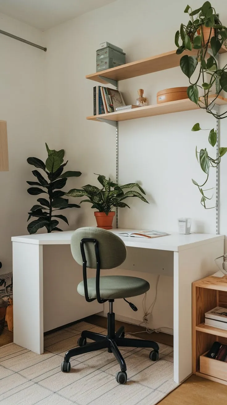 A compact yet inviting home office utilizes a corner desk and strategic shelving to create a productive workspace in a small area.